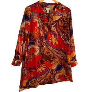 Chico's Women's Top Sz S Paisley Peasant  Lace Up Asymmetrical  Orange Brown
